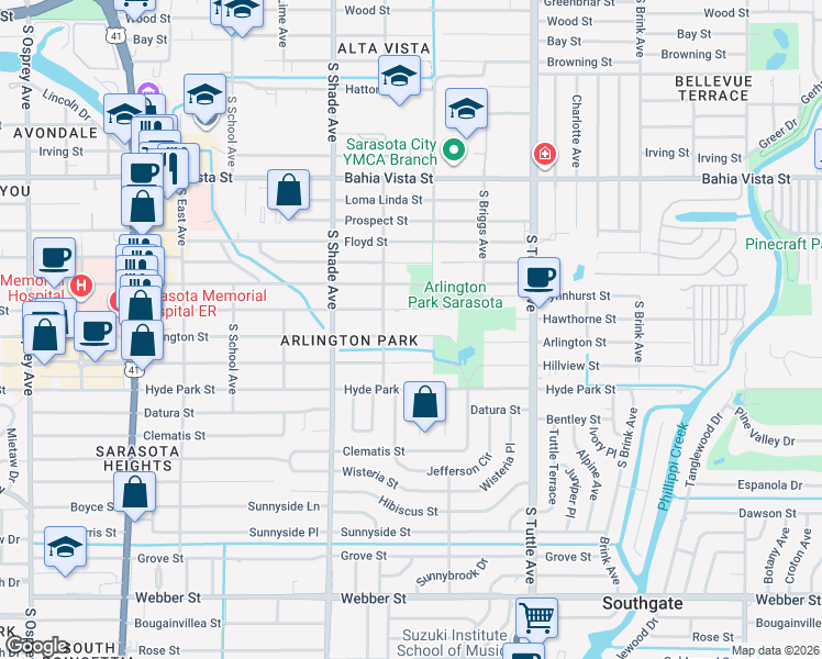 map of restaurants, bars, coffee shops, grocery stores, and more near 2551 Arlington Street in Sarasota