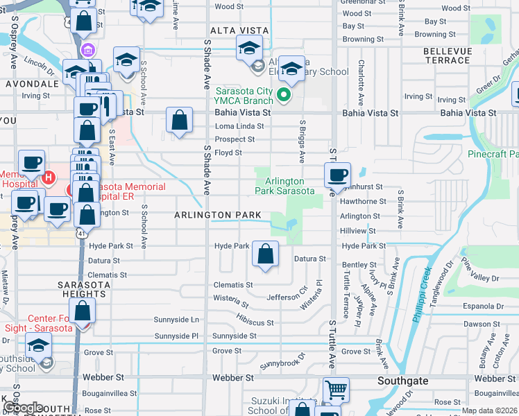 map of restaurants, bars, coffee shops, grocery stores, and more near 2602 Hawthorne Street in Sarasota
