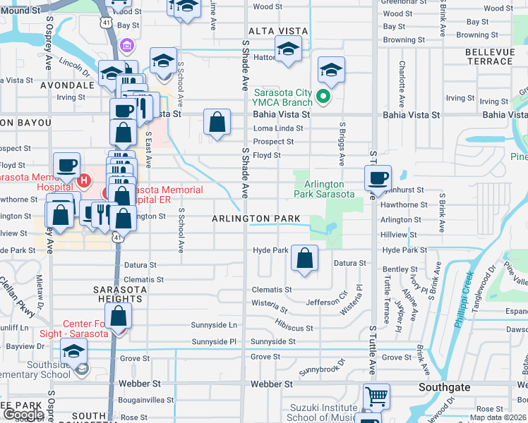 map of restaurants, bars, coffee shops, grocery stores, and more near 2450 Hawthorne Street in Sarasota
