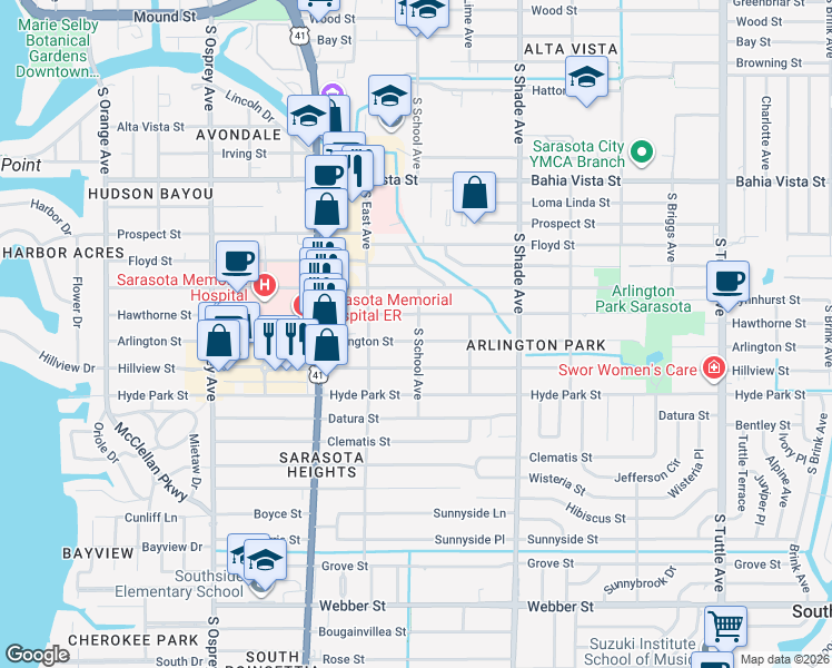 map of restaurants, bars, coffee shops, grocery stores, and more near 2224 Hawthorne Street in Sarasota