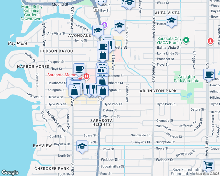map of restaurants, bars, coffee shops, grocery stores, and more near 2068 Hawthorne Street in Sarasota
