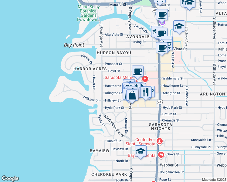 map of restaurants, bars, coffee shops, grocery stores, and more near 1694 Hawthorne Street in Sarasota