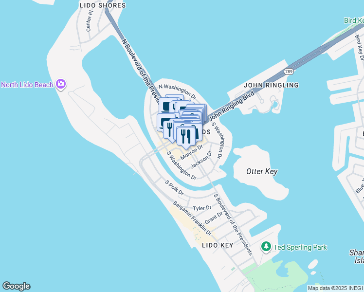 map of restaurants, bars, coffee shops, grocery stores, and more near 14 Boulevard of the Presidents in Sarasota