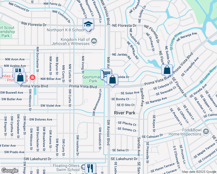 map of restaurants, bars, coffee shops, grocery stores, and more near SE Airoso Blvd & NE Prima Vista Blvd in Port St. Lucie