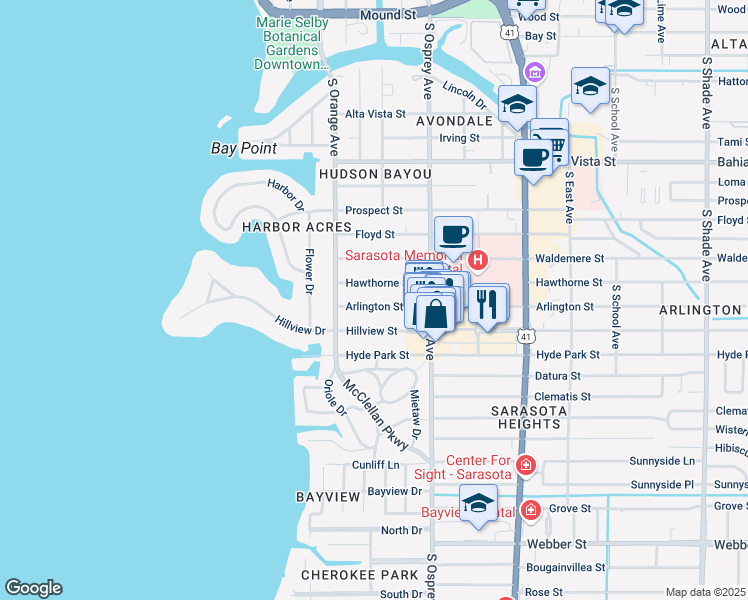 map of restaurants, bars, coffee shops, grocery stores, and more near 1694 Hawthorne Street in Sarasota
