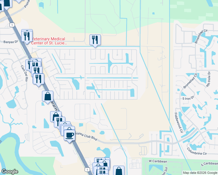 map of restaurants, bars, coffee shops, grocery stores, and more near 1 Indigo Lane in Port St. Lucie
