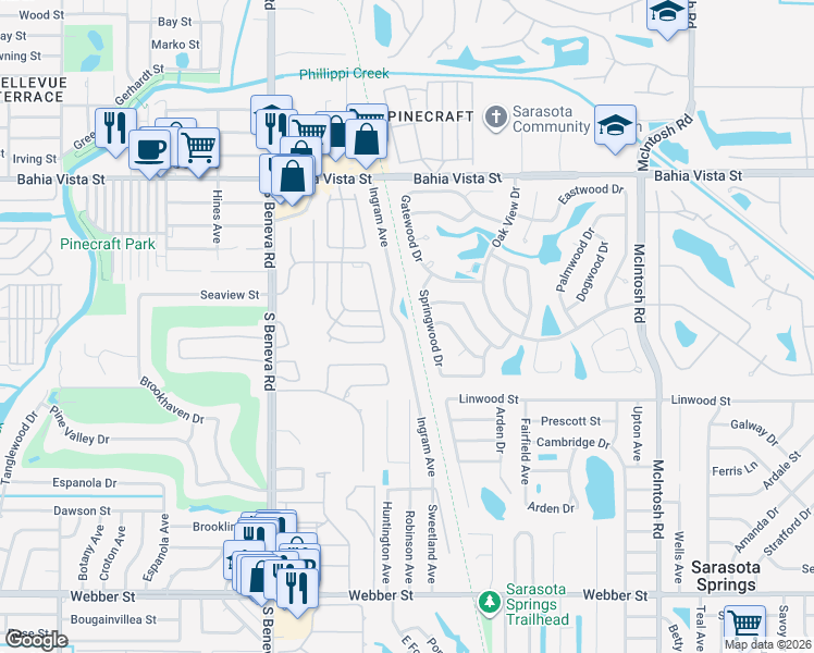 map of restaurants, bars, coffee shops, grocery stores, and more near 1729 Ingram Avenue in Sarasota