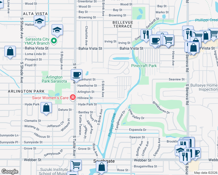 map of restaurants, bars, coffee shops, grocery stores, and more near 3025 Hawthorne Street in Sarasota
