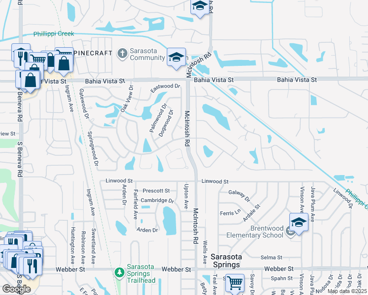 map of restaurants, bars, coffee shops, grocery stores, and more near 1954 Oak View Drive in Sarasota