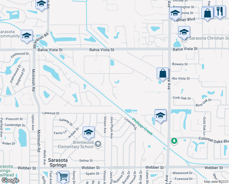 map of restaurants, bars, coffee shops, grocery stores, and more near 1671 Keely Lane in Sarasota