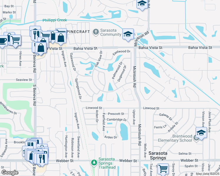 map of restaurants, bars, coffee shops, grocery stores, and more near 1753 Oak View Drive in Sarasota