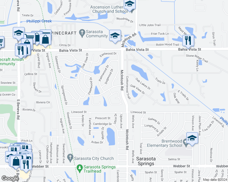 map of restaurants, bars, coffee shops, grocery stores, and more near 1954 Oak View Drive in Sarasota