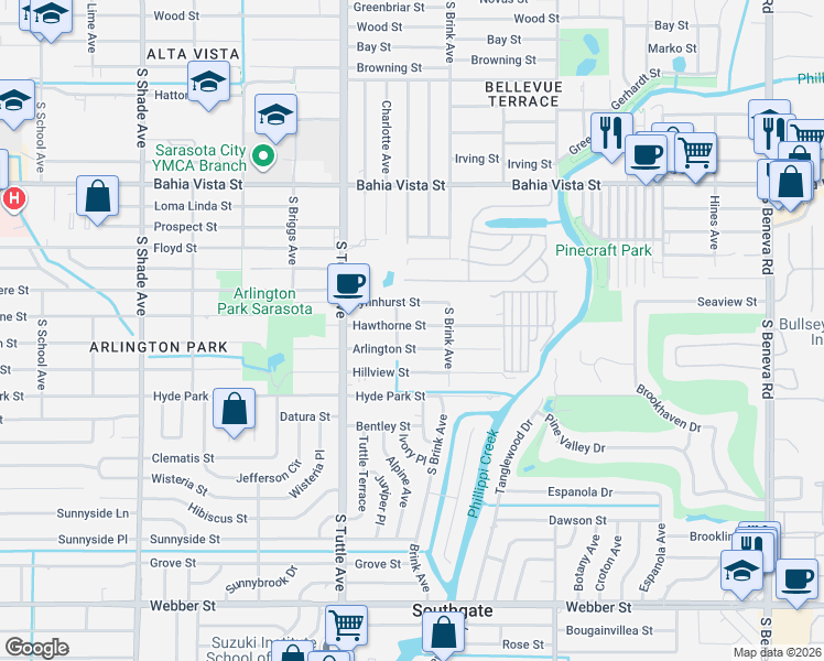 map of restaurants, bars, coffee shops, grocery stores, and more near 2903 Hawthorne Street in Sarasota