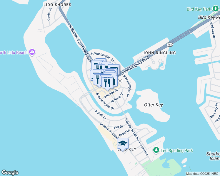 map of restaurants, bars, coffee shops, grocery stores, and more near 11 South Boulevard of the Presidents in Sarasota
