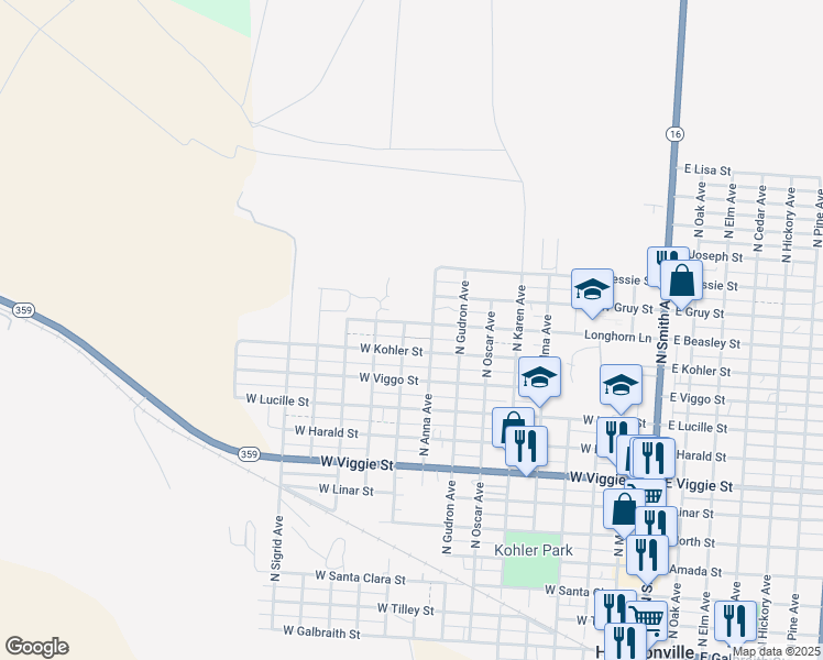 map of restaurants, bars, coffee shops, grocery stores, and more near 1001-1099 West Beasley Street in Hebbronville