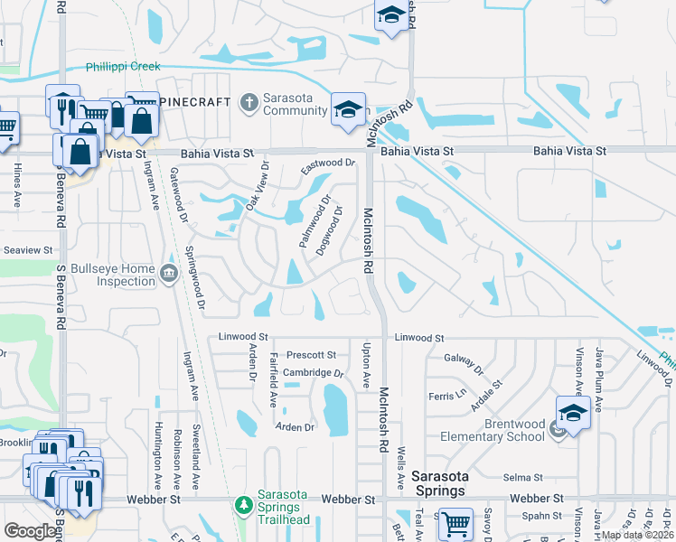 map of restaurants, bars, coffee shops, grocery stores, and more near 1823 Oak View Drive in Sarasota