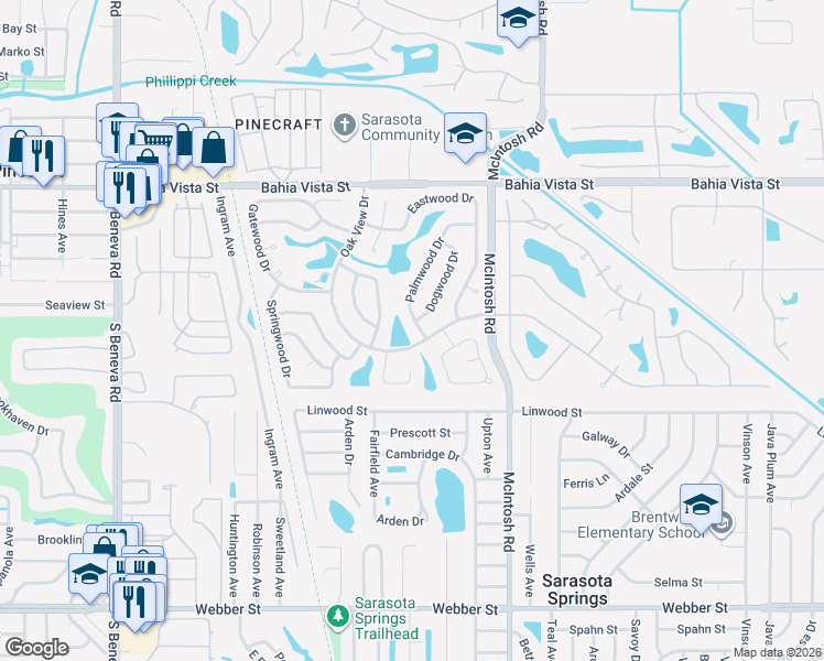 map of restaurants, bars, coffee shops, grocery stores, and more near 1753 Oak View Drive in Sarasota