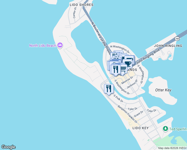 map of restaurants, bars, coffee shops, grocery stores, and more near 171 Whittier Drive in Sarasota