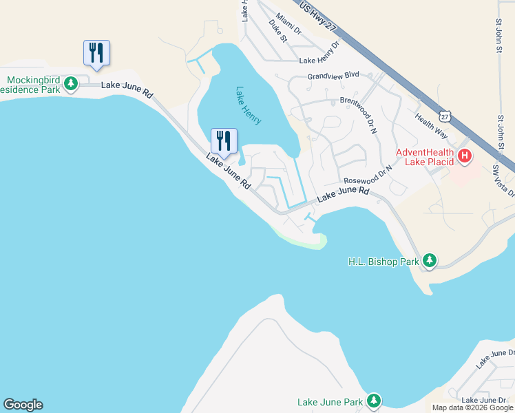 map of restaurants, bars, coffee shops, grocery stores, and more near 404 Lake June Rd in Lake Placid