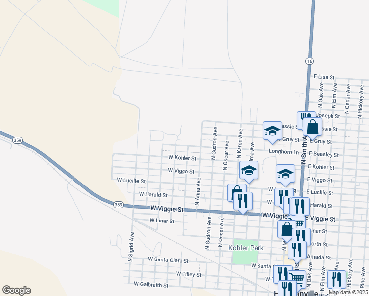 map of restaurants, bars, coffee shops, grocery stores, and more near 1001 West Beasley Street in Hebbronville