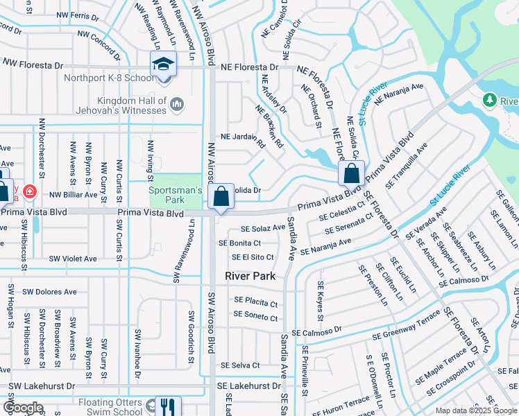 map of restaurants, bars, coffee shops, grocery stores, and more near 145 Northeast Prima Vista Boulevard in Port St. Lucie
