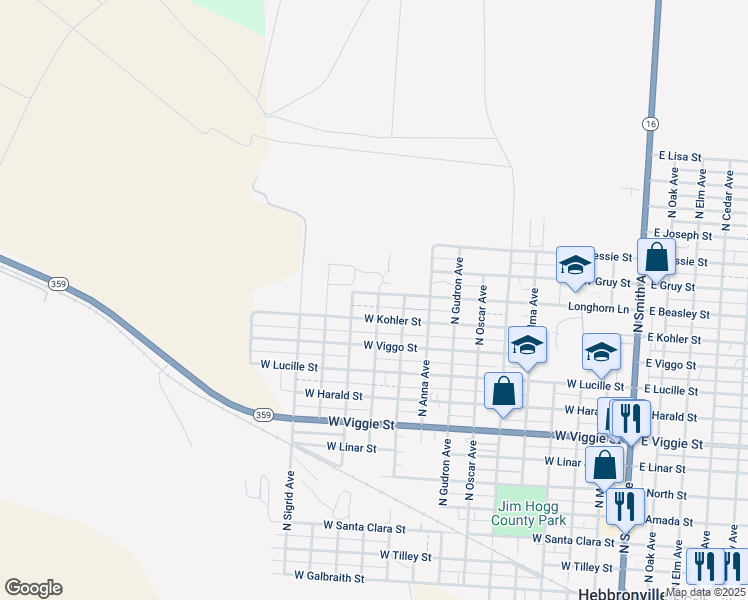 map of restaurants, bars, coffee shops, grocery stores, and more near 1103 West Beasley Street in Hebbronville