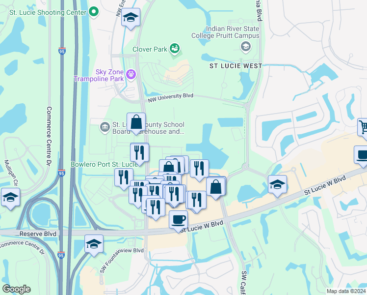 map of restaurants, bars, coffee shops, grocery stores, and more near 549 Northwest Lake Whitney Place in Port St. Lucie