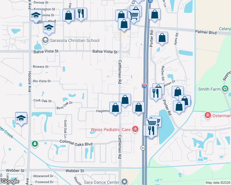 map of restaurants, bars, coffee shops, grocery stores, and more near 5880 Old Summerwood Boulevard in Sarasota