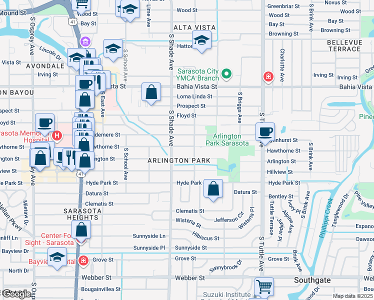 map of restaurants, bars, coffee shops, grocery stores, and more near 2450 Hawthorne Street in Sarasota
