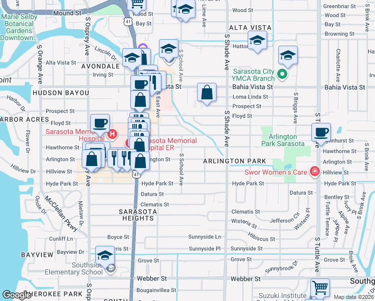 map of restaurants, bars, coffee shops, grocery stores, and more near 2224 Hawthorne Street in Sarasota