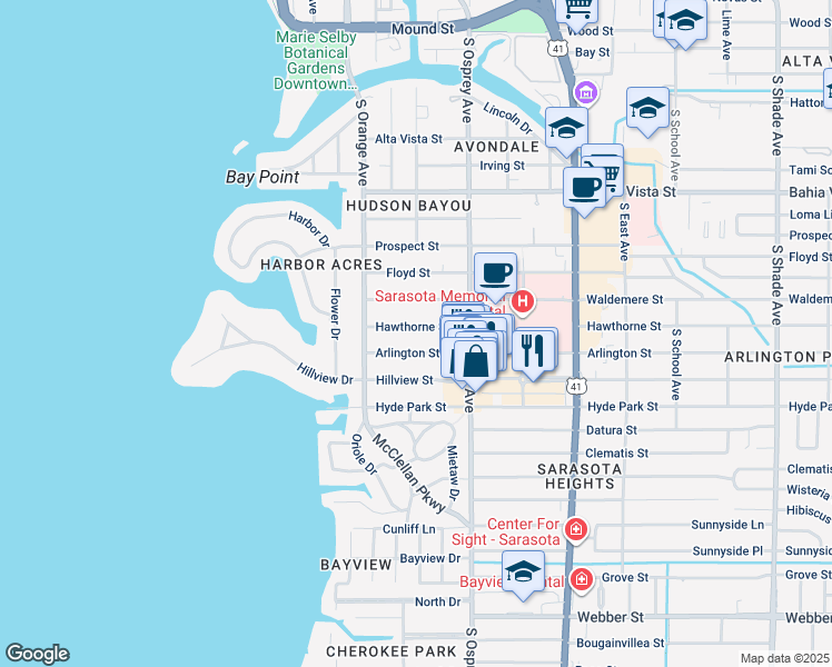 map of restaurants, bars, coffee shops, grocery stores, and more near 1694 Hawthorne Street in Sarasota