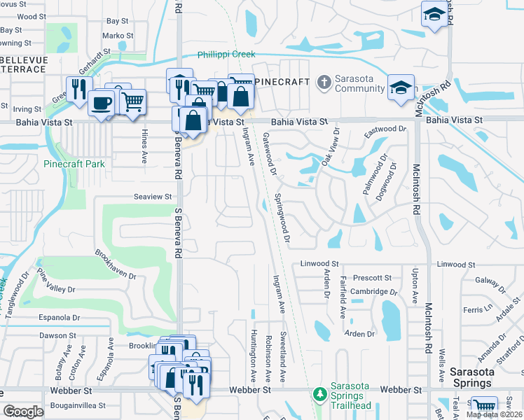 map of restaurants, bars, coffee shops, grocery stores, and more near 1705 Ingram Avenue in Sarasota