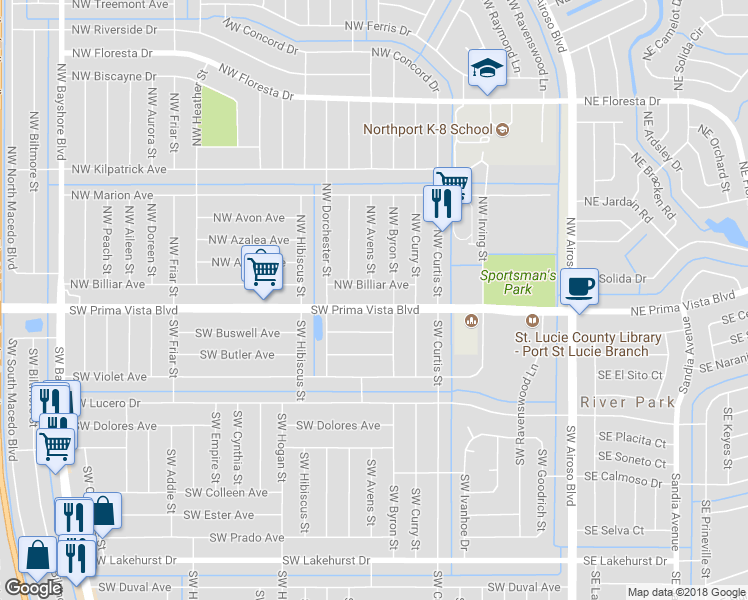 map of restaurants, bars, coffee shops, grocery stores, and more near 325 Northwest Prima Vista Boulevard in Port St. Lucie