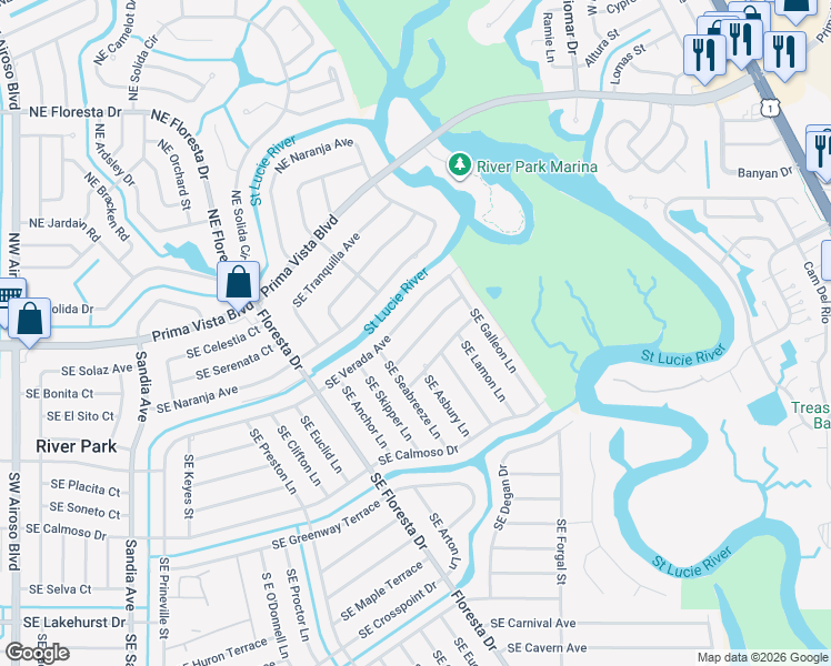 map of restaurants, bars, coffee shops, grocery stores, and more near 531 Southeast Brookside Terrace in Port St. Lucie