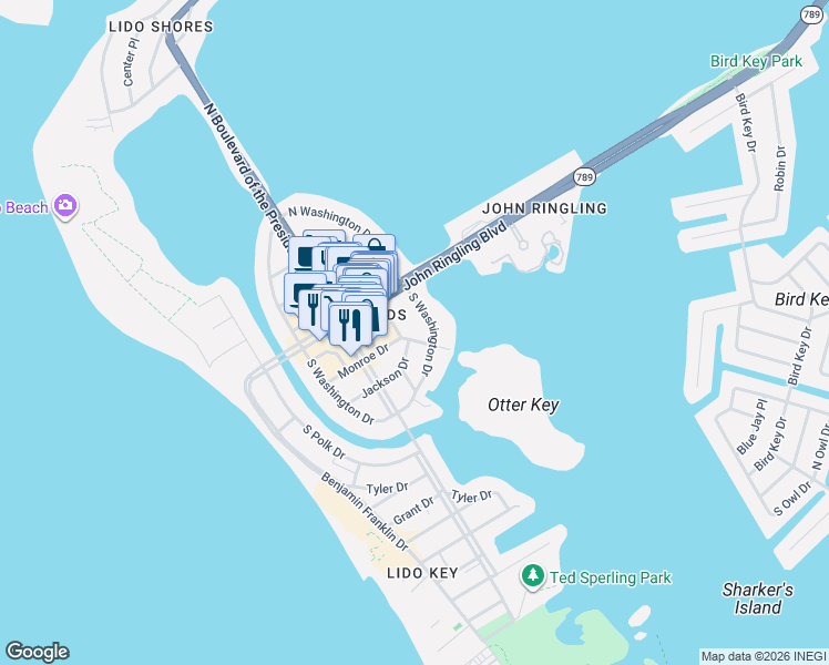 map of restaurants, bars, coffee shops, grocery stores, and more near 81 Fillmore Drive in Sarasota