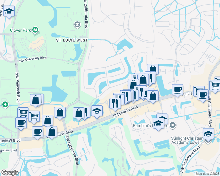 map of restaurants, bars, coffee shops, grocery stores, and more near 1502 Northwest Amherst Drive in Port Saint Lucie