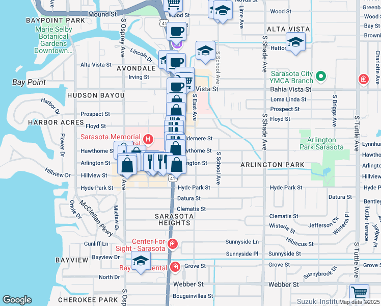 map of restaurants, bars, coffee shops, grocery stores, and more near 2068 Hawthorne Street in Sarasota