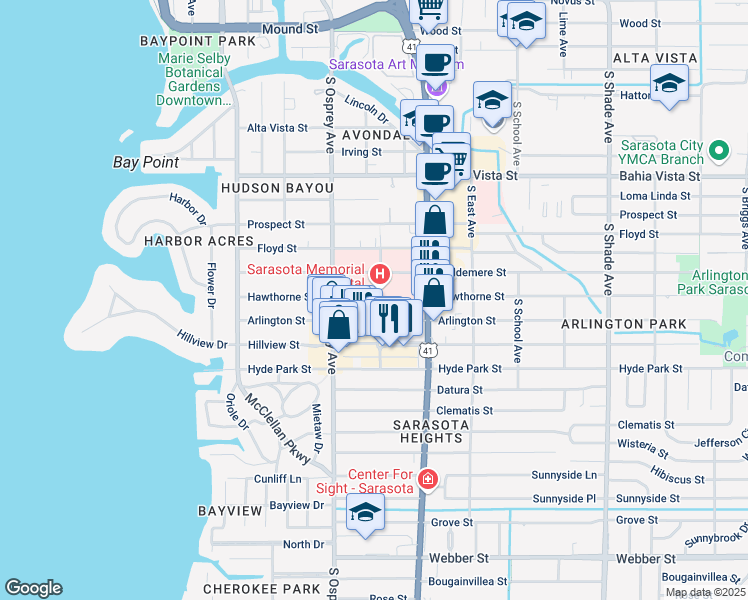 map of restaurants, bars, coffee shops, grocery stores, and more near in Sarasota