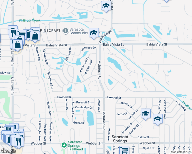 map of restaurants, bars, coffee shops, grocery stores, and more near 1954 Oak View Drive in Sarasota