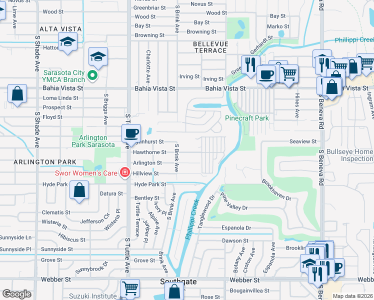 map of restaurants, bars, coffee shops, grocery stores, and more near 3025 Hawthorne Street in Sarasota