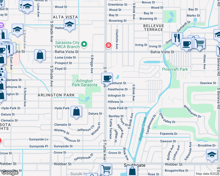 map of restaurants, bars, coffee shops, grocery stores, and more near 2815 Hawthorne Street in Sarasota