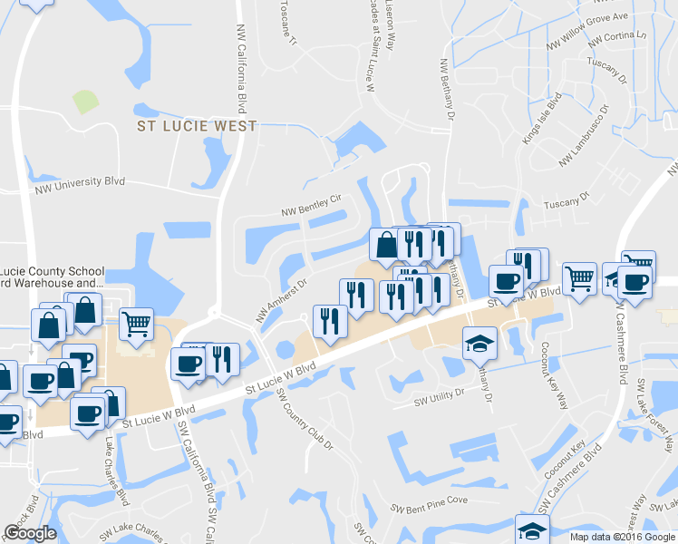 map of restaurants, bars, coffee shops, grocery stores, and more near 1532 Northwest Amherst Drive in Port St. Lucie
