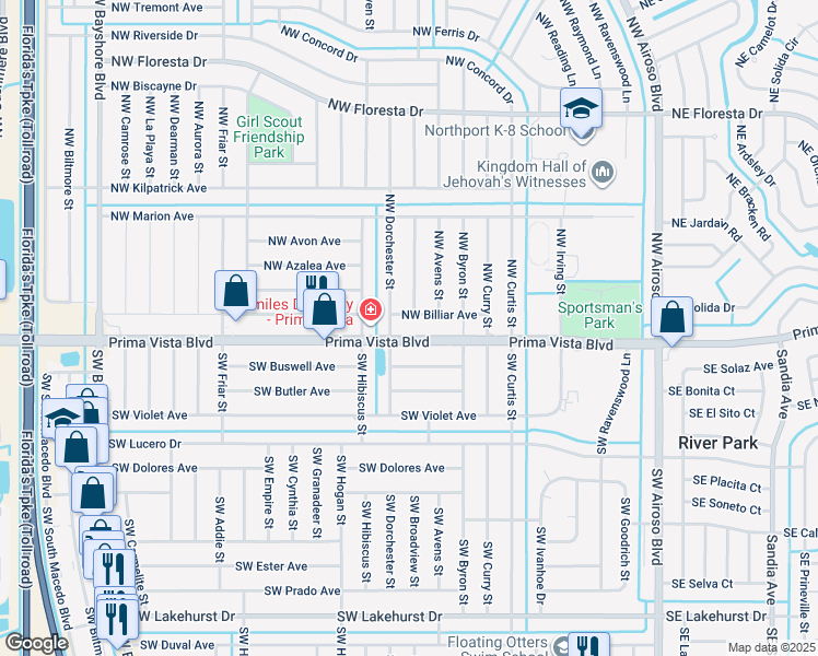 map of restaurants, bars, coffee shops, grocery stores, and more near 445 Northwest Prima Vista Boulevard in Port St. Lucie
