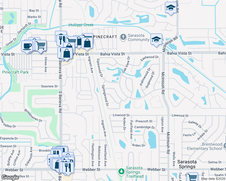 map of restaurants, bars, coffee shops, grocery stores, and more near 3962 Basswood Drive in Sarasota