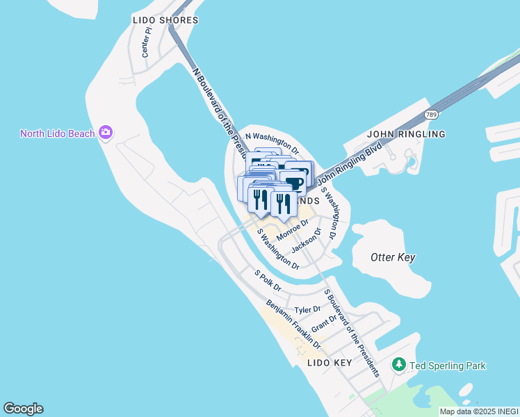 map of restaurants, bars, coffee shops, grocery stores, and more near 356 John Ringling Boulevard in Sarasota