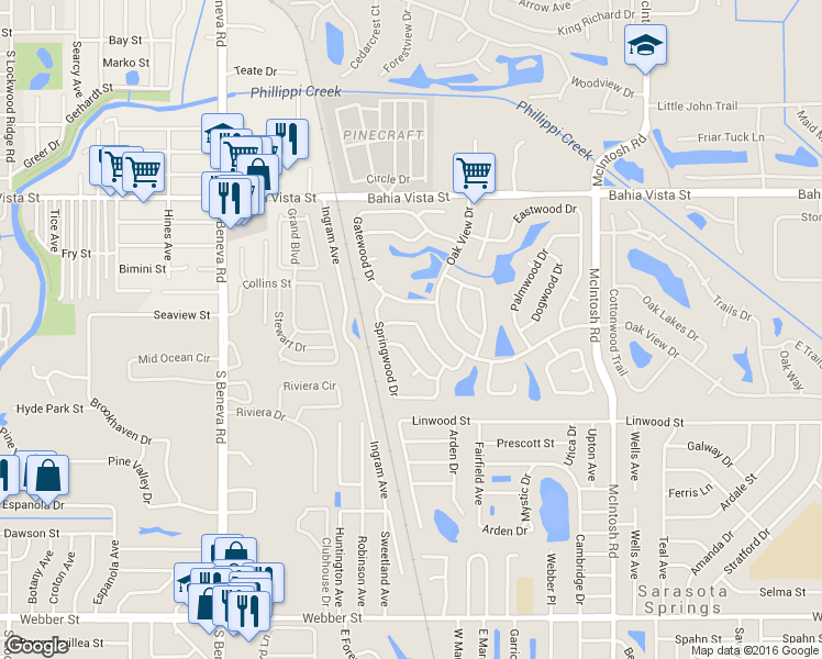 map of restaurants, bars, coffee shops, grocery stores, and more near 4019 Basswood Drive in Sarasota