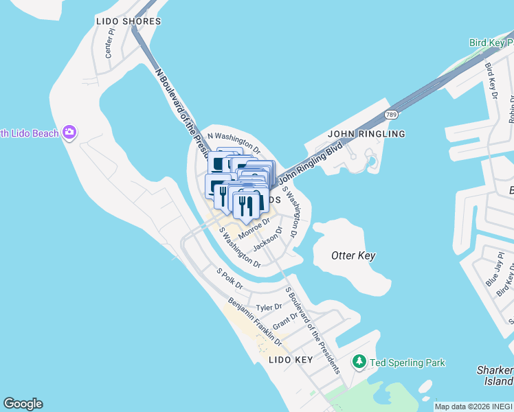map of restaurants, bars, coffee shops, grocery stores, and more near 410 Saint Armands Circle in Sarasota