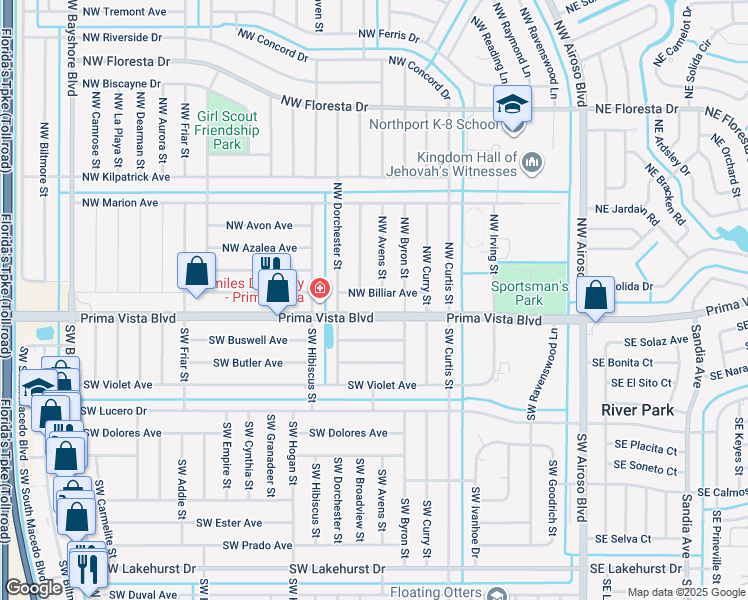 map of restaurants, bars, coffee shops, grocery stores, and more near 325 Northwest Prima Vista Boulevard in Port St. Lucie