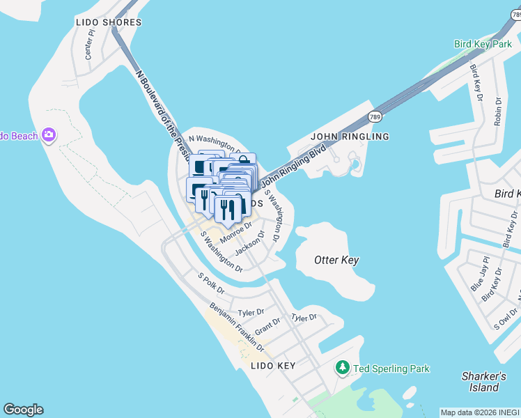 map of restaurants, bars, coffee shops, grocery stores, and more near 81 Fillmore Drive in Sarasota