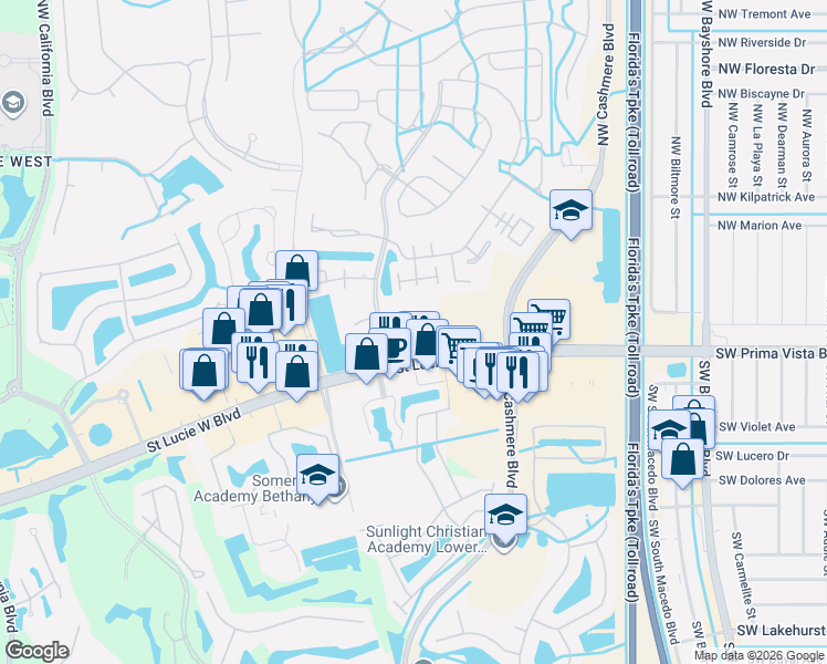 map of restaurants, bars, coffee shops, grocery stores, and more near 1095 Saint Lucie West Boulevard in Port St. Lucie